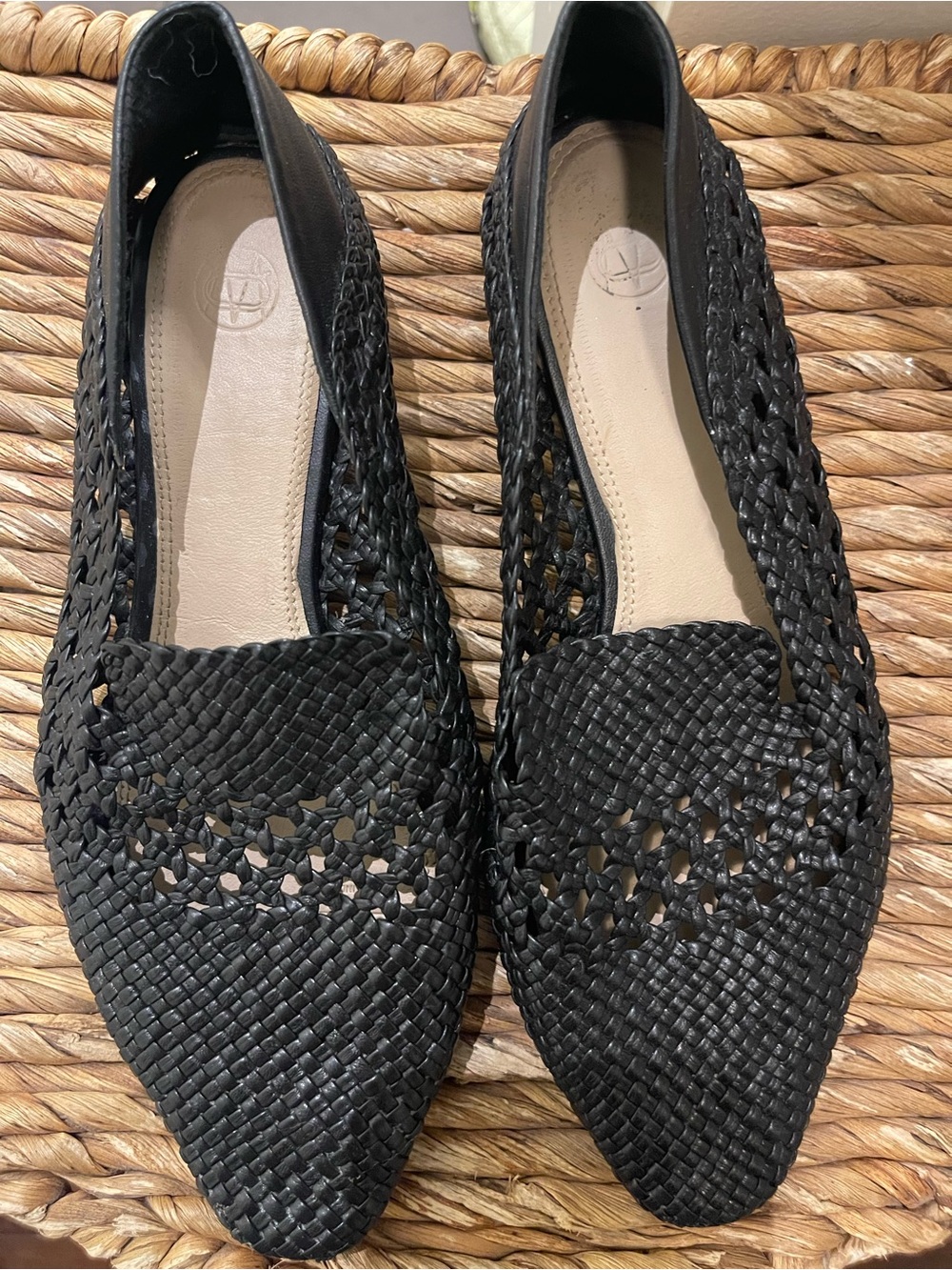 Massimo Dutti Black Woven Pointed Slip-On Flats